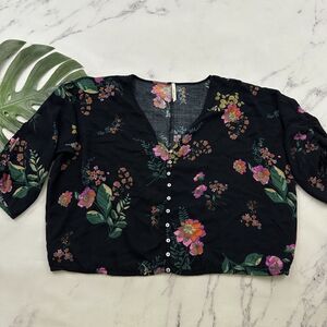 Michael Farrell Womens Blouse Top Size M Black Pink Floral Cropped Tie Trim